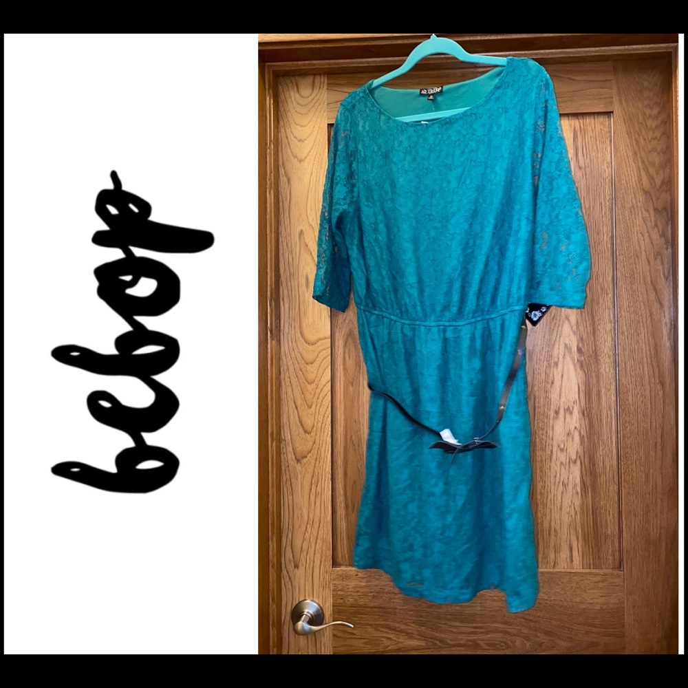 🌸NWT BeBop 1X Green Lace Dress with Bow Belt Detail